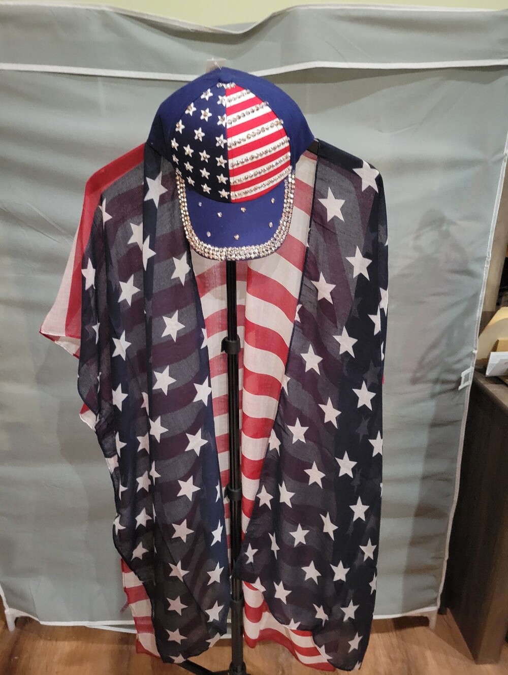 Patriotic Stars & Stripes Sheer Kimono with Blue Rhinestone Flag Cap